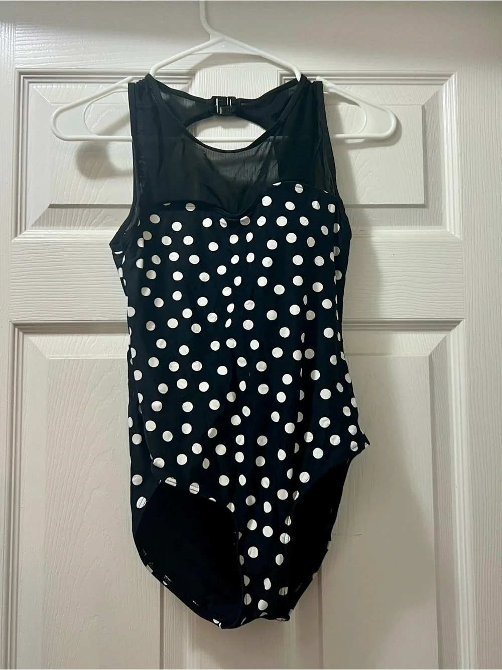 Black Polka Dot One-Piece Swimsuit or Leotard with Mesh